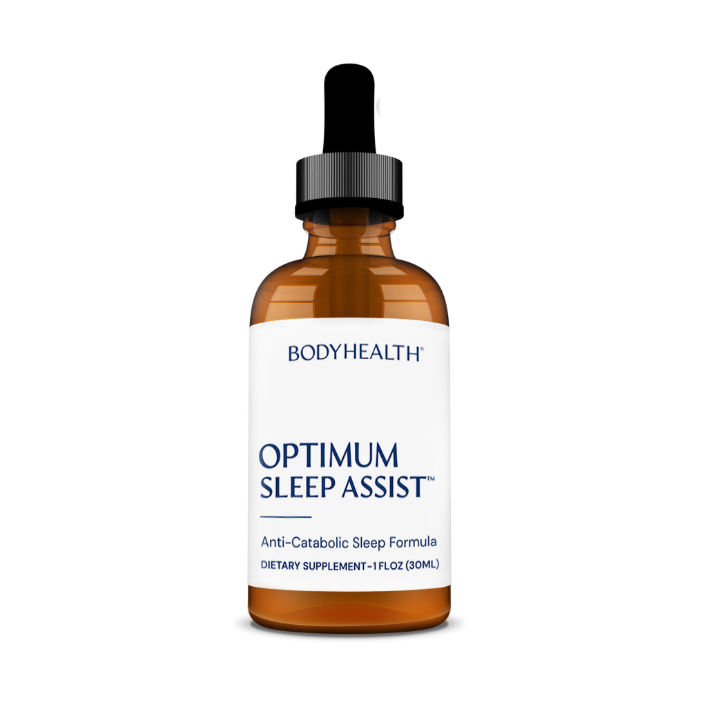 Optimum Sleep Assist amber bottle with a white label and blue font.