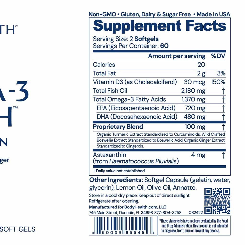  BodyBio- Fish Oil, Non-oxidized Omega 3, 3:1 EPA to DHA,  Essential Fatty Acid, 120 softgels : Health & Household